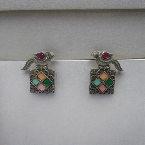 silver replica multicolor stone bird earring