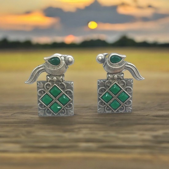 silver replica green colour bird earring