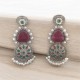 silver earrings with green and red stones