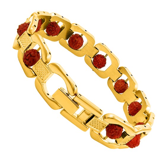 Rudraksh Gold Plated Premium Traditional Bracelet Kada for Men (Rudraksha Design 3 Gold)