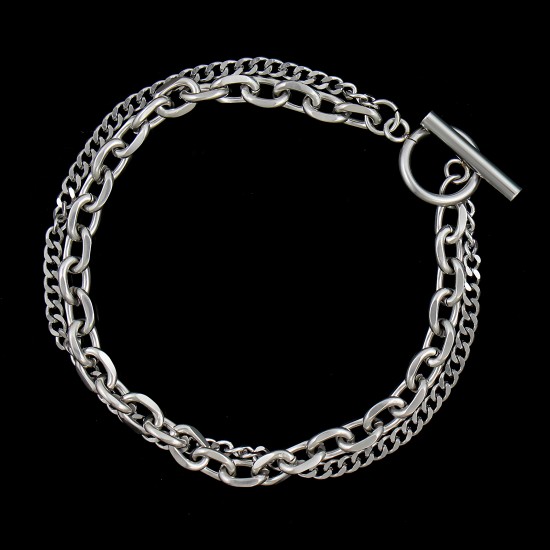 Silver Plated Stainless Steel Double Chain Wrist Bracelet for Men, Women, Unisex | Toggle Bar Lock (2206501)