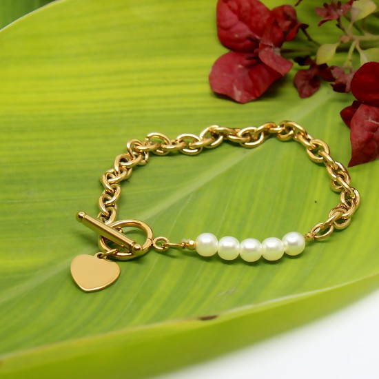 Gold Plated Stainless Steel Chain Bracelet with Pearl