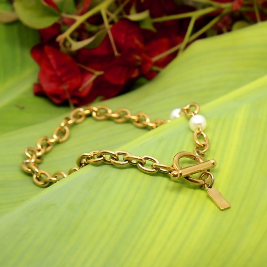 Gold Plated Stainless Steel Chain Bracelet with Pearl